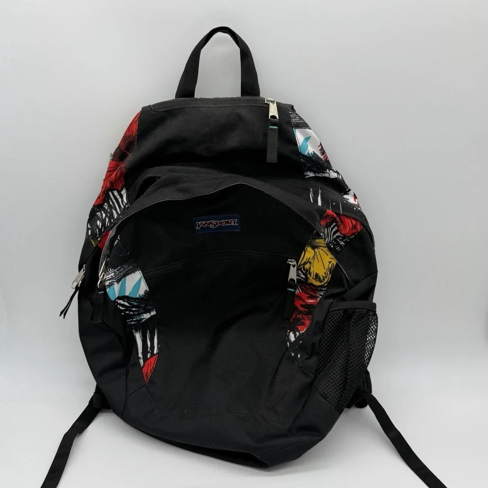 JanSport Black Multicolor Graphic Backpack School Bag Floral Red Yellow Blue
